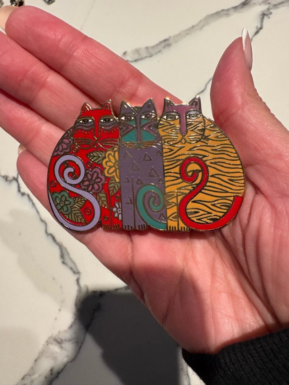 Laurel Burch Multicolor Three Cats Enamel Pin - Red, Purple, Teal, Gold